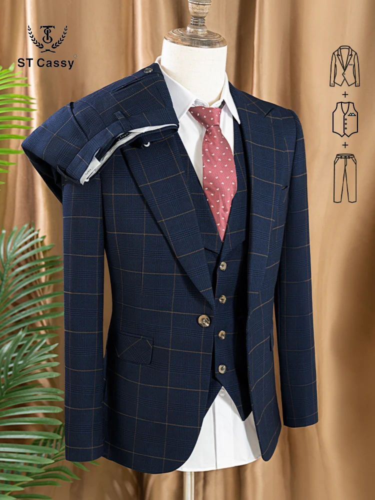 Mens Formal - Высококачественный мужской костюм-тройка в клетку, темно-синий,